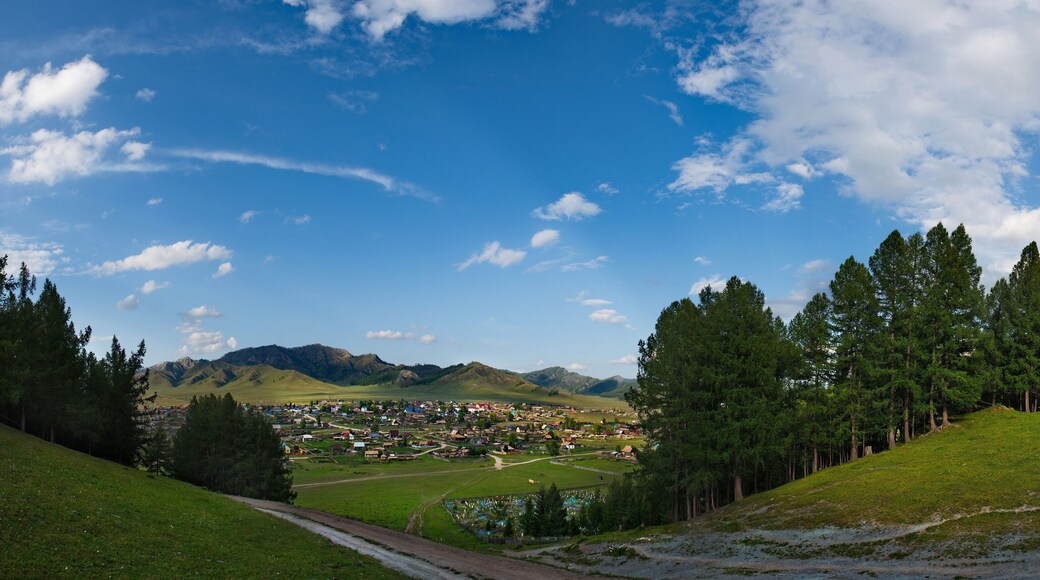 Russia. South Of Western Siberia, Mountain Altai. Panoramic view of the village of Yabogan in the valley of the river of the same name.