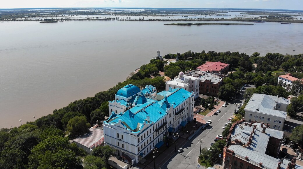 Khabarovsk city on a summer day. Aerial view.