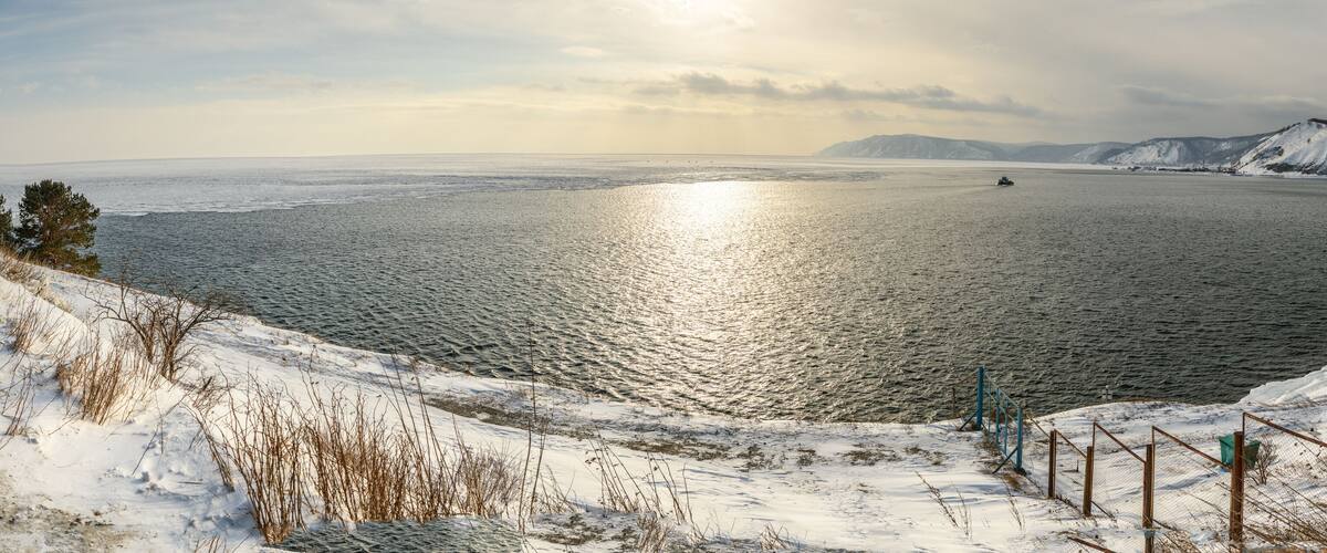 Ship in the sourse of Angara from Baikal lake in winter. Listvyanka, Irkutsk Region, Russia