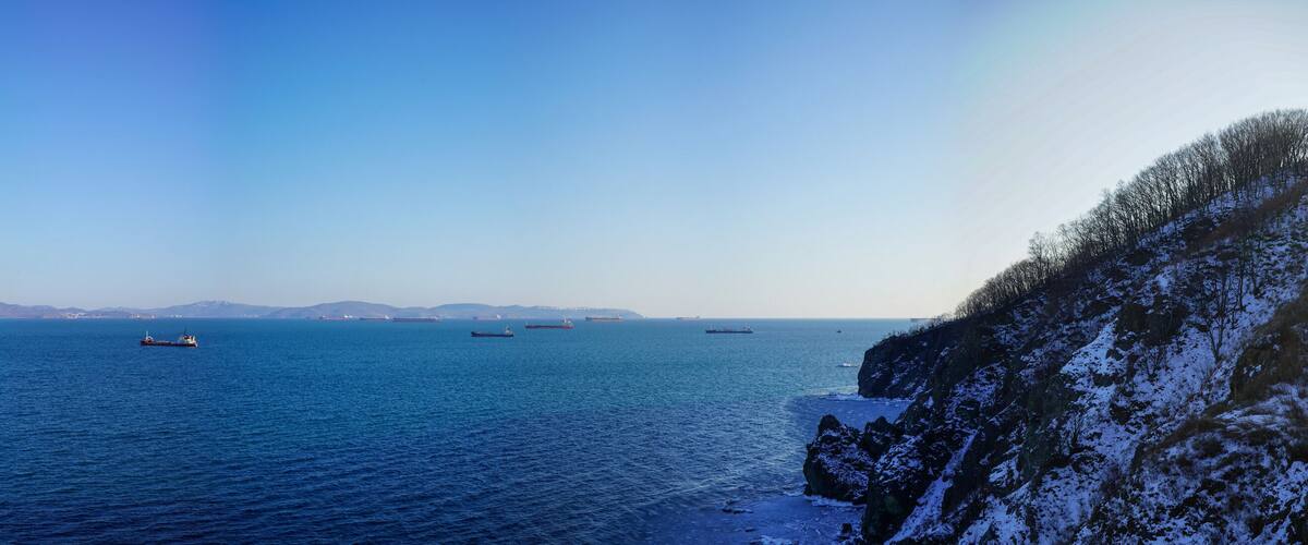 Panorama of the sea landscape with a view of Nakhodka Bay