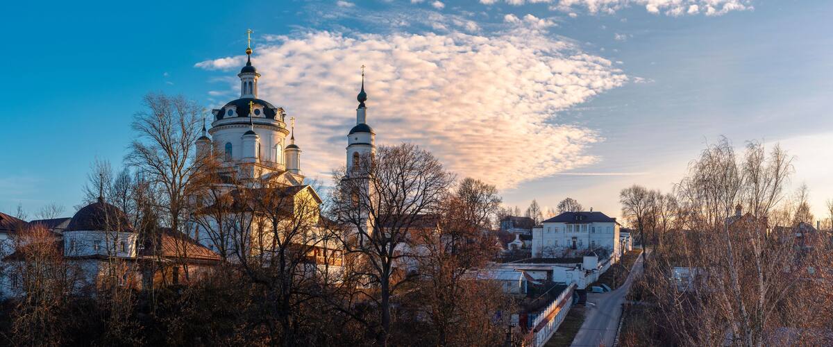 MALOYAROSLAVETS, RUSSIA - December 20, 2019: HDR-panoramic view of the Nikolsky Cathedral, Chernoostrovskiy Female Monastery in Maloyaroslavets (Malojaroslavec, Maloyaroslavec), Kaluga region