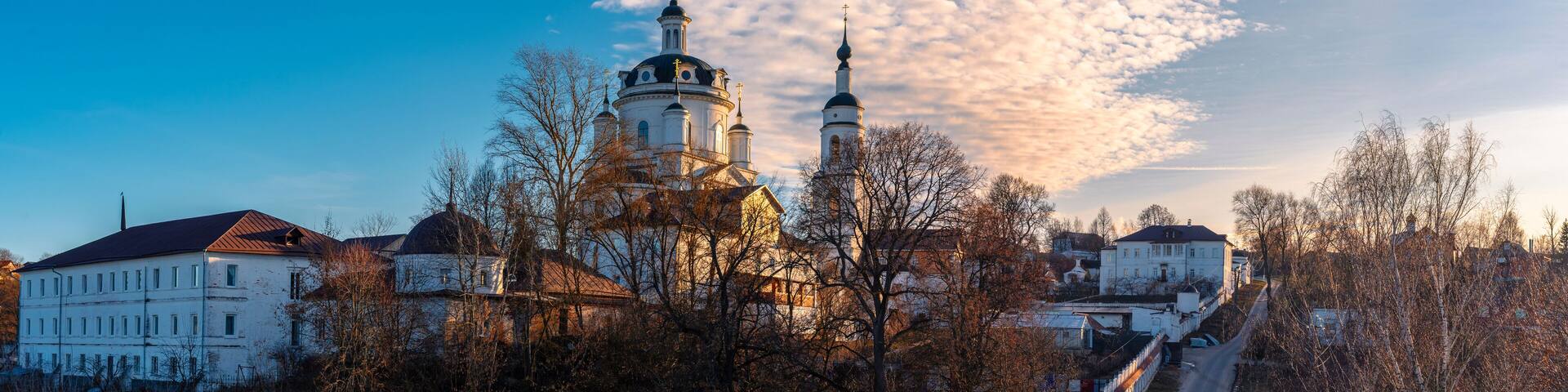 MALOYAROSLAVETS, RUSSIA - December 20, 2019: HDR-panoramic view of the Nikolsky Cathedral, Chernoostrovskiy Female Monastery in Maloyaroslavets (Malojaroslavec, Maloyaroslavec), Kaluga region