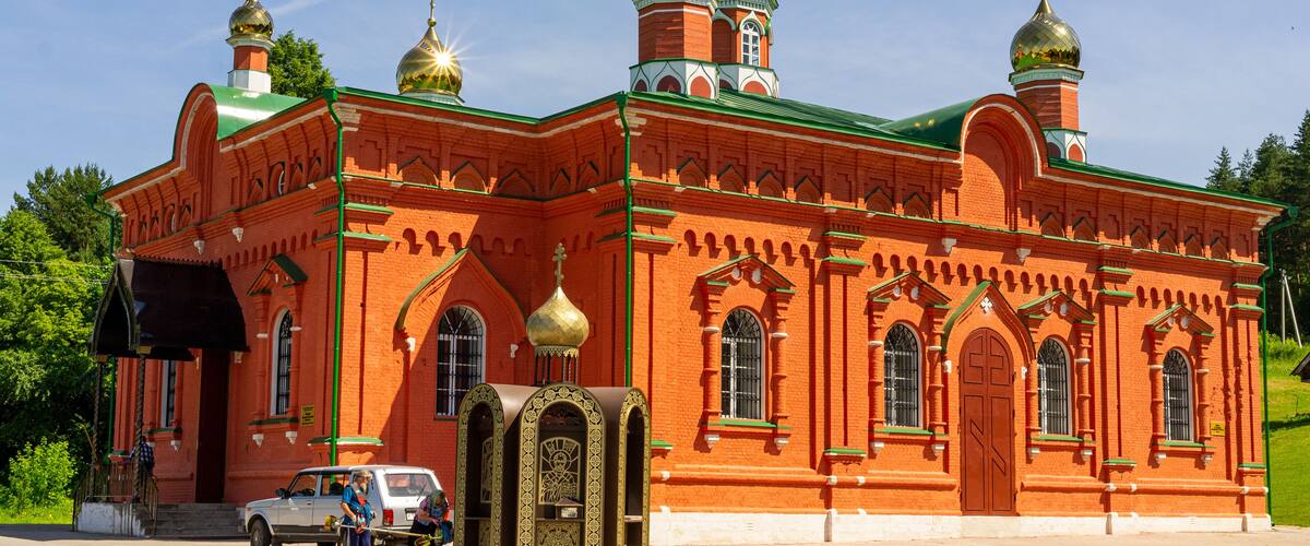 Holy Well and Makaryevskaya Church on territory of Holy Vvedensky Makaryevsky Zhabyn Monastery, summer