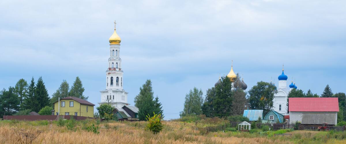 View of the Zavidovo Temple Complex. Tver Region. Konakovsky District. Zavidovo Village