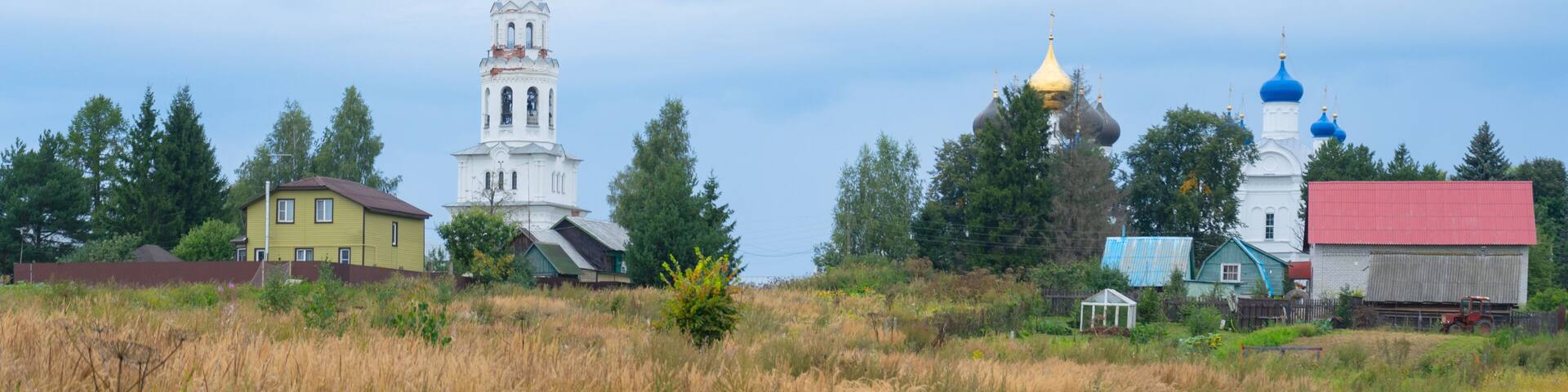 View of the Zavidovo Temple Complex. Tver Region. Konakovsky District. Zavidovo Village