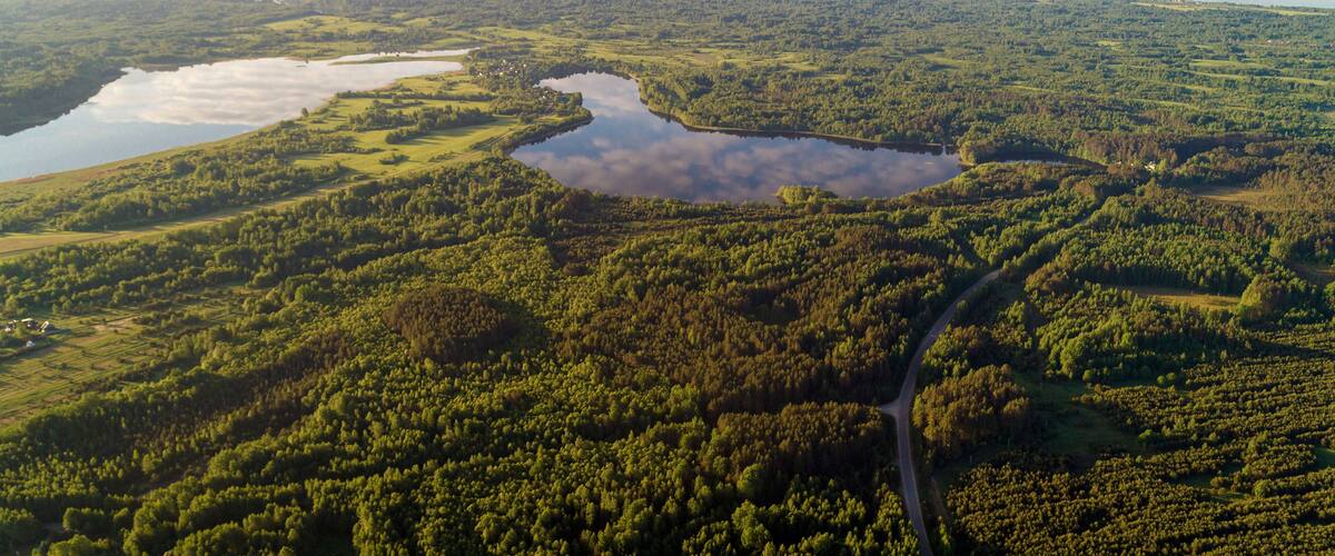 Aerial view Seliger lake in Ostashkovsky District of Tver Oblast Russia near Novgorod Oblast and Valdai Hills part of Volga basin. Summer sunny day. Dawn on beautiful Lake Seliger. Recreation and tour