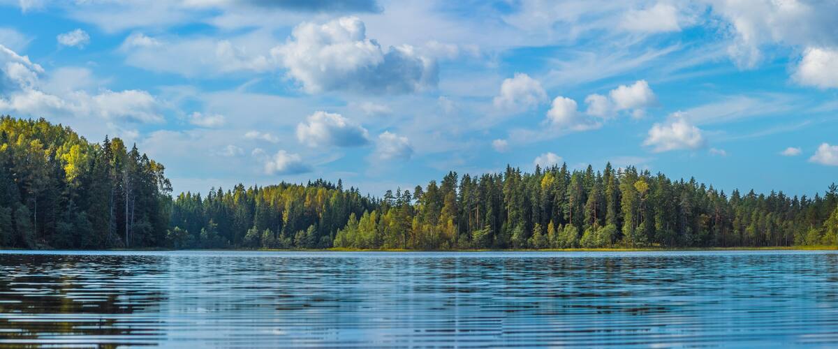 Panoramic view of beautiful forest lake in Russia.