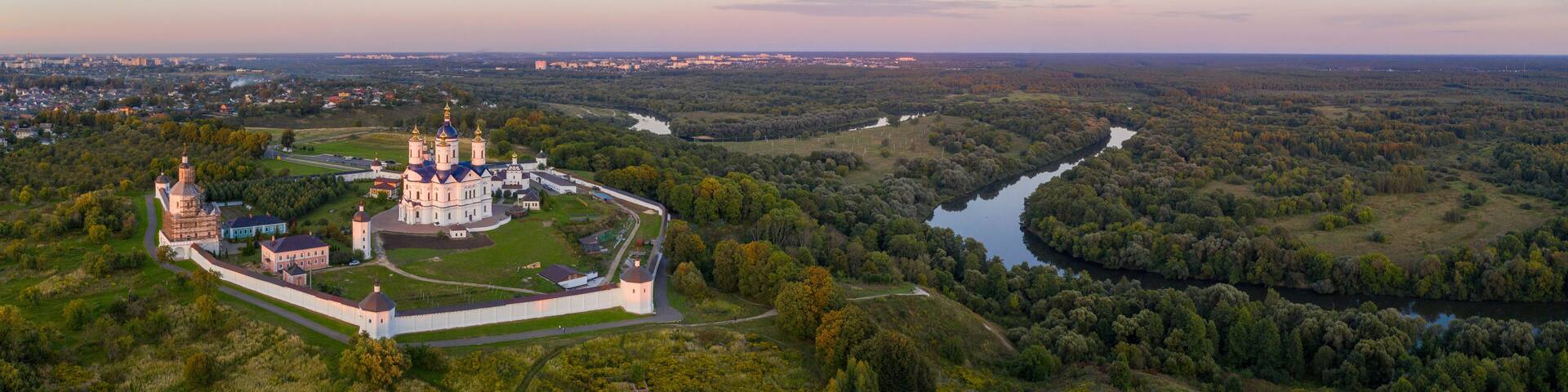 Aerial view of Svensky Uspensky Monastery on summer sunset. Suponevo, Bryansk Oblast, Russia.