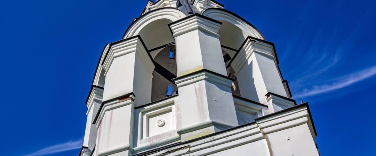 Ancient tent belfry of the 17th-century Ilyinsky church in the village of Ilinskoe (Iljinskoe). Zhukovsky district, Kaluzhskiy region, Russia. August 2018