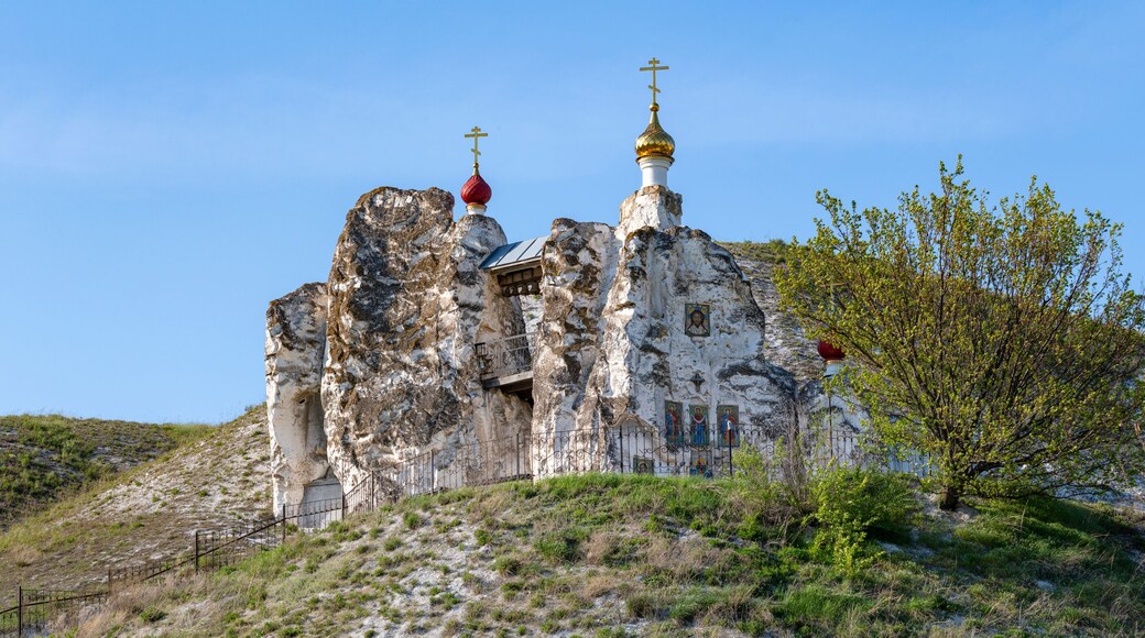 Cave Cathedral of the Savior of the Unscripted Image in the May panorama. Kostomarovo Savior Monastery. Voronezh region, Russia