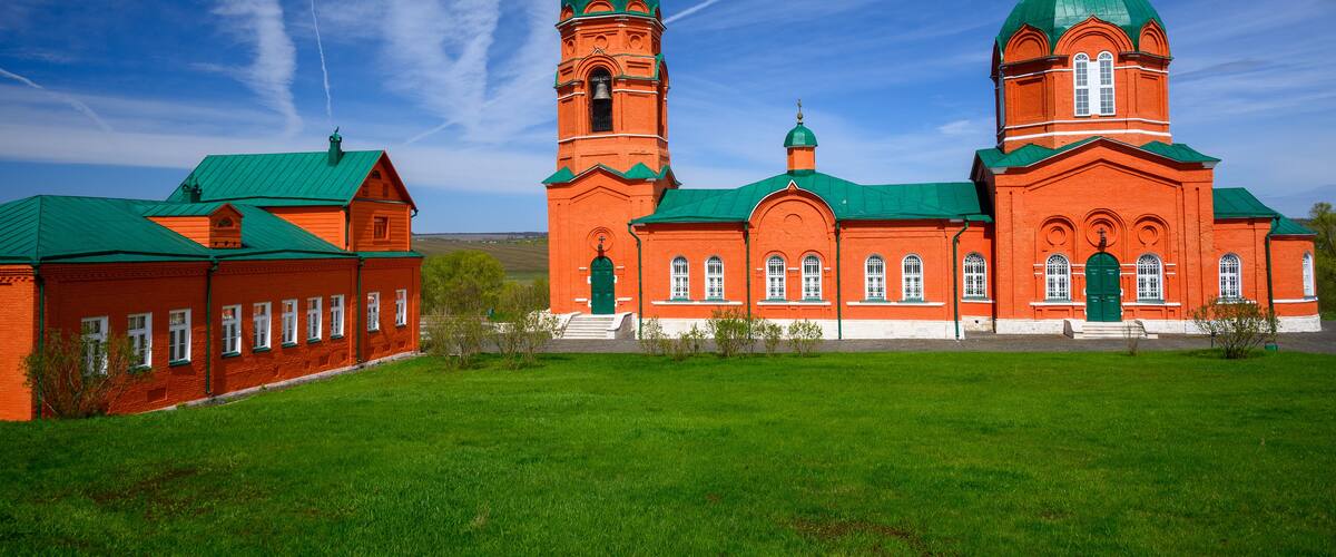 The stone church on Kulikovo Field in the nearby settlement of Monastyrshchino, Russia. According to a legend, the fallen Russian soldiers were interred after the battle in 1380.