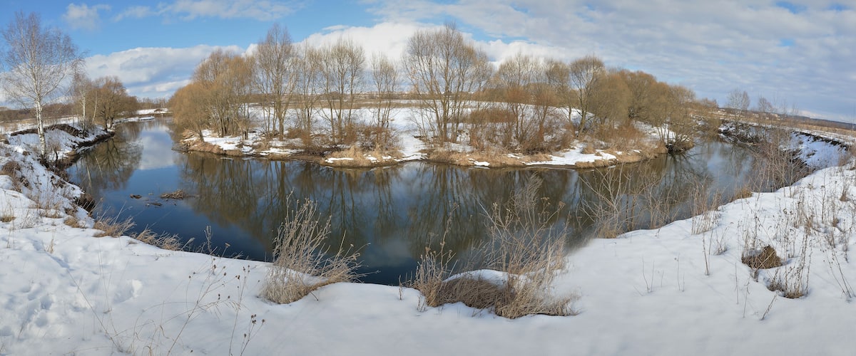 Spring fishing on the Desna river, beautiful panorama.