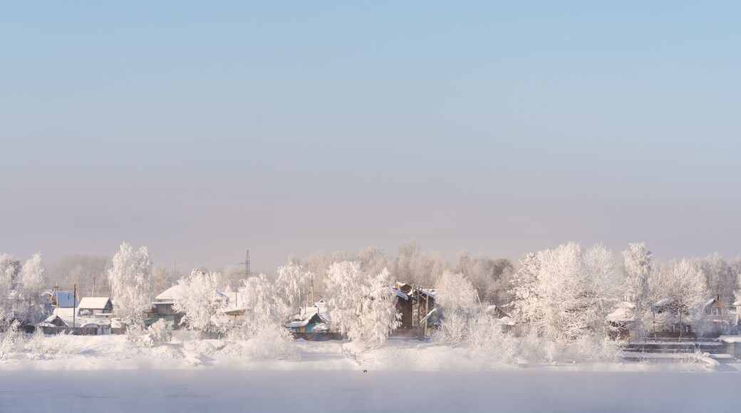 Winter landscape, white snow covered on trees and local houses in urban countryside, in Russia