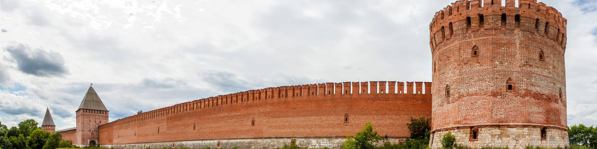 Panorama of the fortress wall with the Pozdnyakov, Veselukha and Oryol towers. Smolensk. Russia