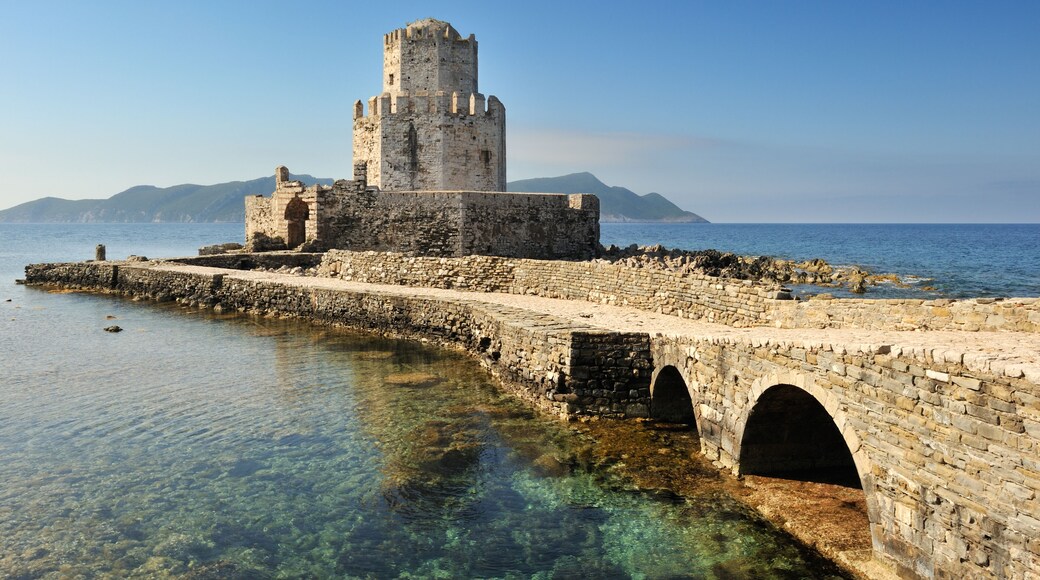 Picture of the watchthower from the medieval castle at Methoni, southern Greece, as it extends into the sea.