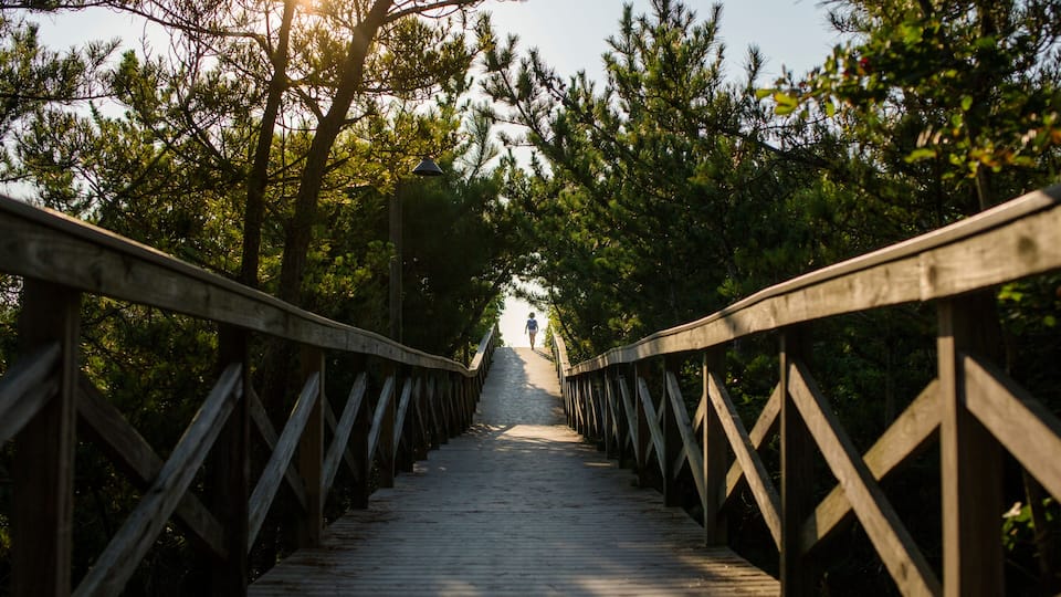 A small child is silhouetted in the distance at end of long boardwalk