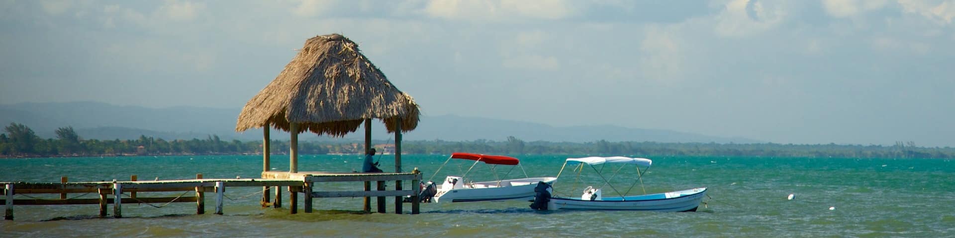 A beach with a thatched hut, a wooden pier, and a small boat with a red canopy.