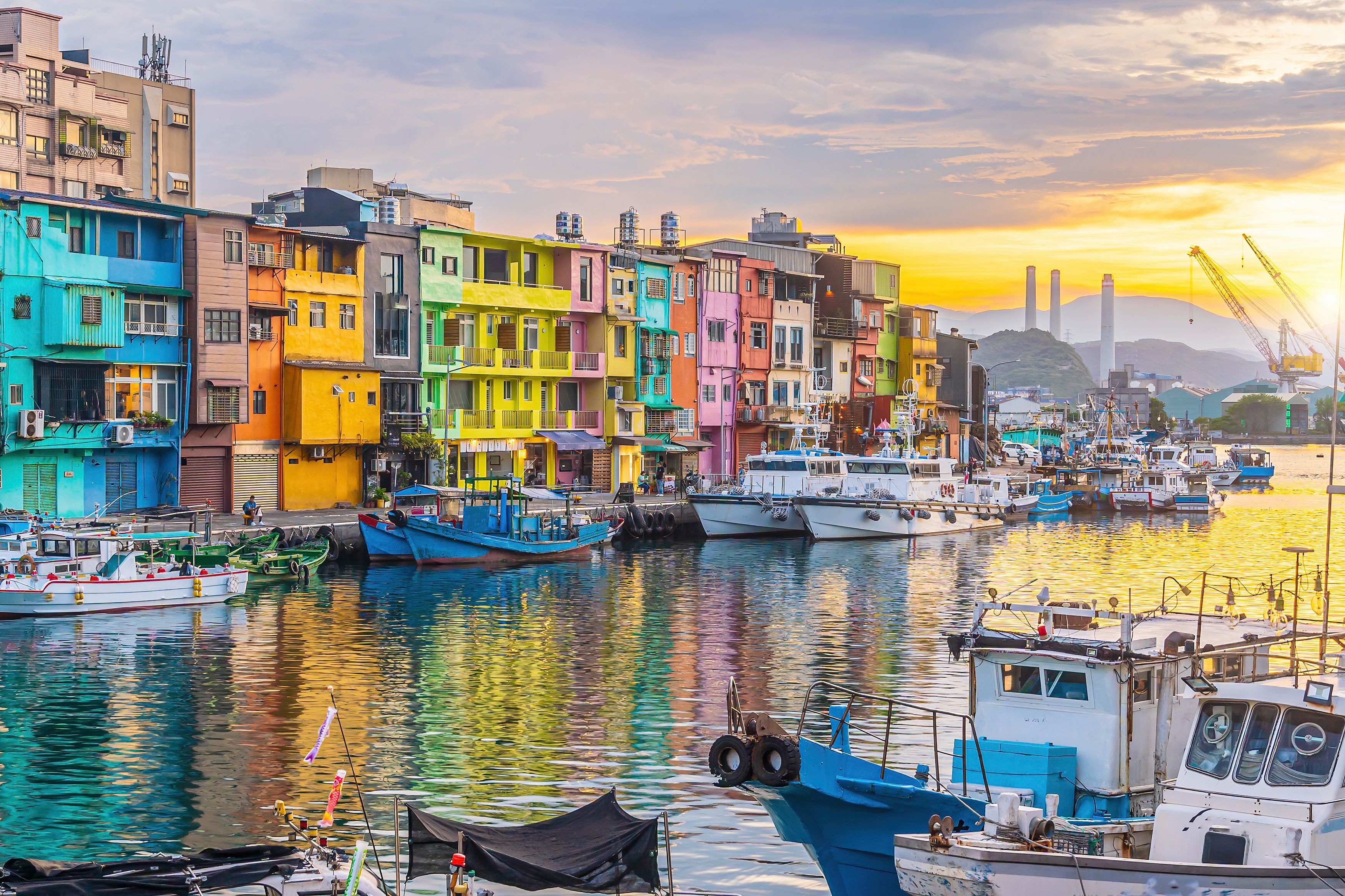Cityscape of Colorful Zhengbin Fishing Port  in Keelung near Taipei city, Taiwan