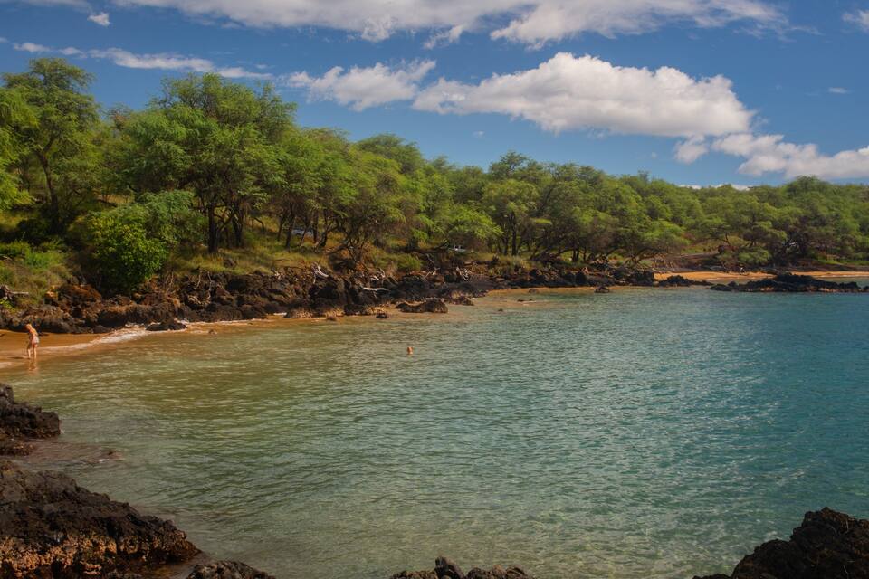 A coastal landscape with clear turquoise waters, rocky shores, and dense green foliage.