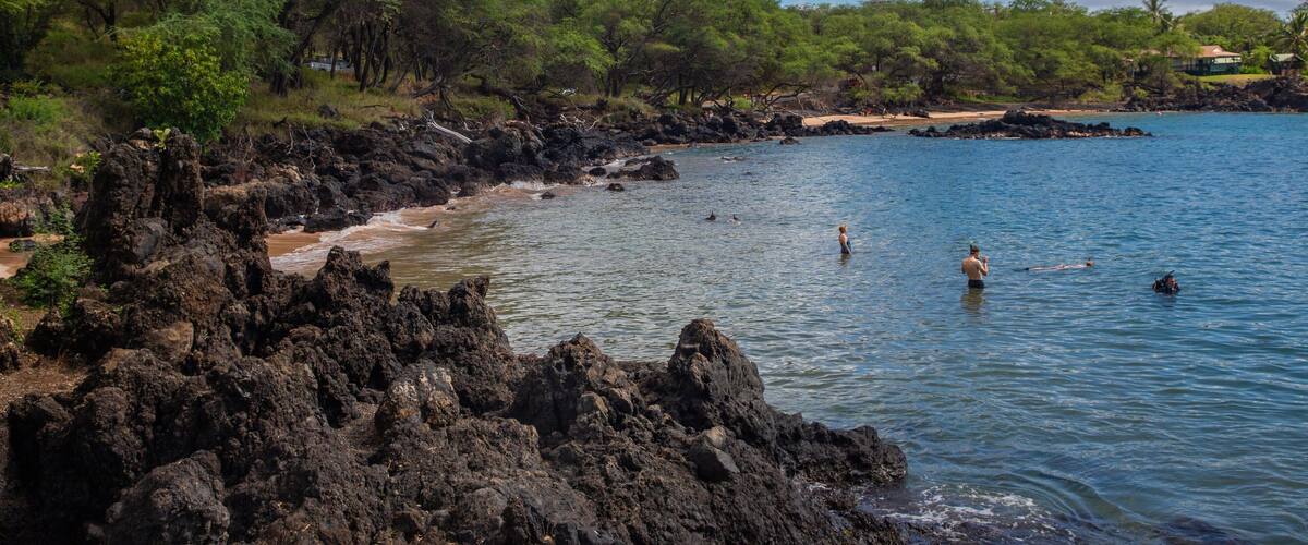 Makena Landing Park showing general coastal views and snorkeling as well as a small group of people