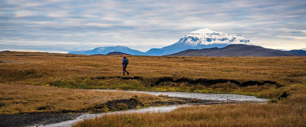 A hiker walking on a grassy field with a snow-capped mountain in the background.