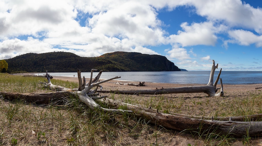 Beautiful view of a sandy beach during a sunny day. Taken in Old Woman Bay, Lake Superior Provincial Park, Ontario, Canada.