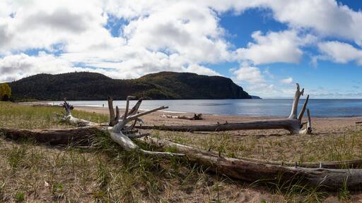 Beautiful view of a sandy beach during a sunny day. Taken in Old Woman Bay, Lake Superior Provincial Park, Ontario, Canada.