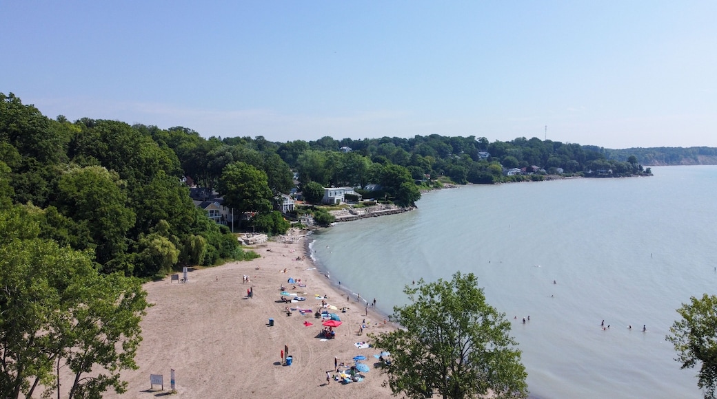 Aerial view of people vacationing on the sandy beach by Lake Erie in Port Stanley, Ontario, Canada