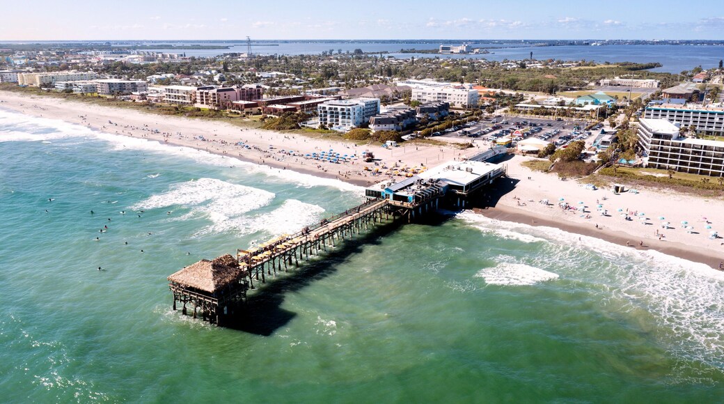 Aerial view of Cocoa beach pier, Florida. USA Jan 2023