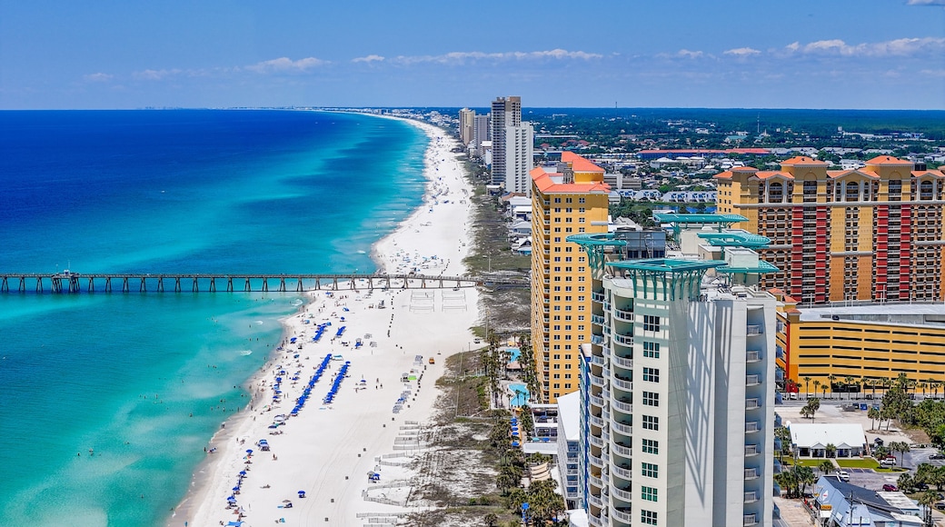 A coastal cityscape with a beach, a pier, and high-rise buildings.