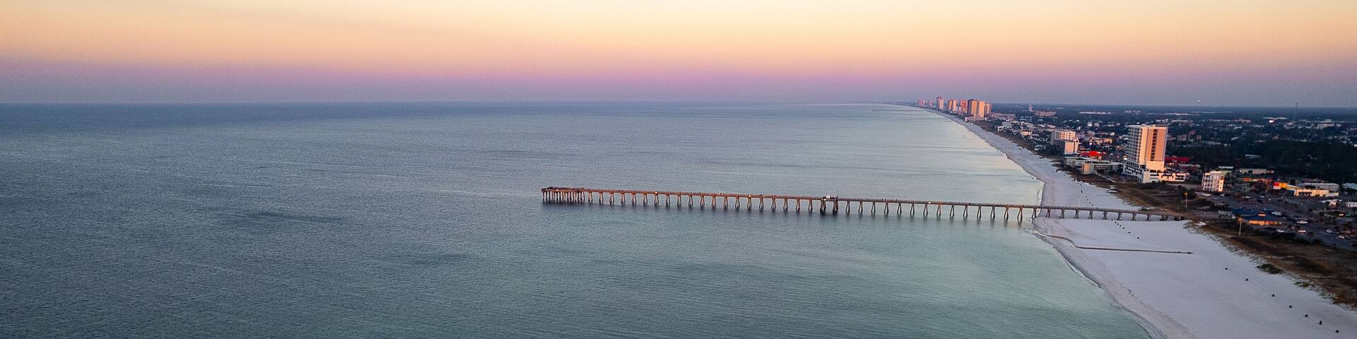 Aerial View of Panama City Beach Pier at Sunset