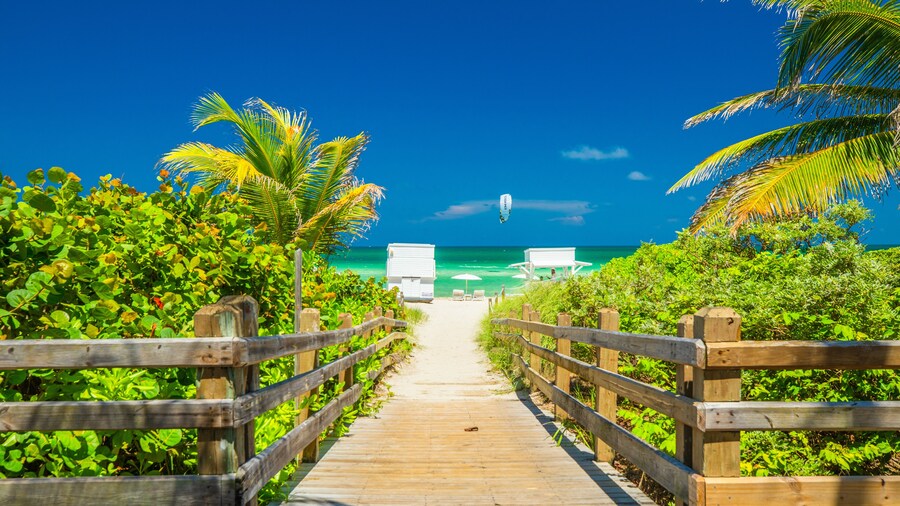 Walkway to the beach, wooden embankment. Miami Beach. Florida.