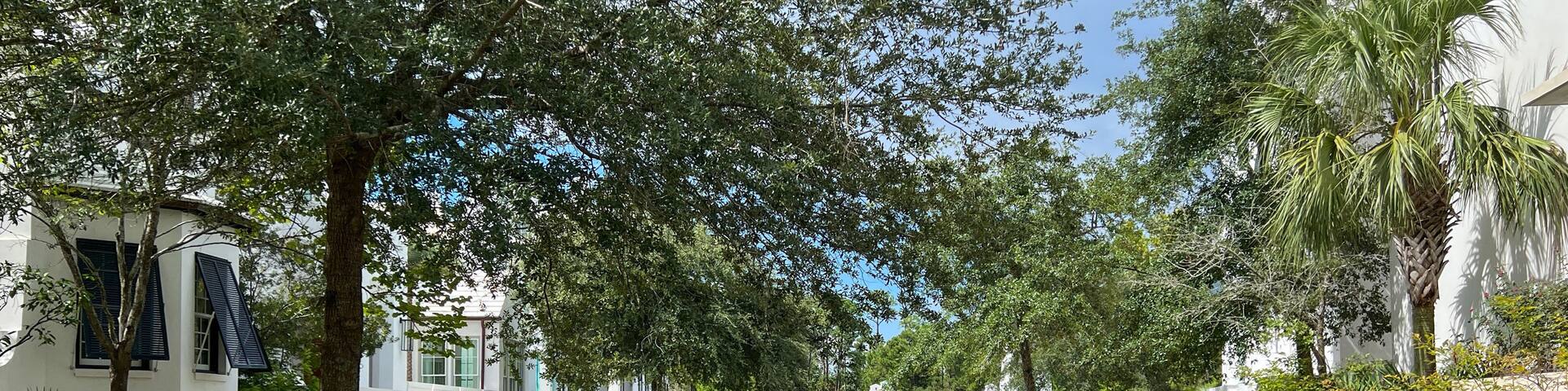A walking path with water feature and homes in Alys Beach, Florida.