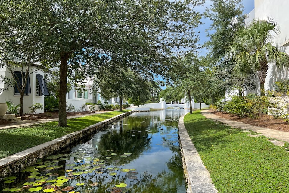 A canal with water lilies, a bridge, and white buildings with green lawns.