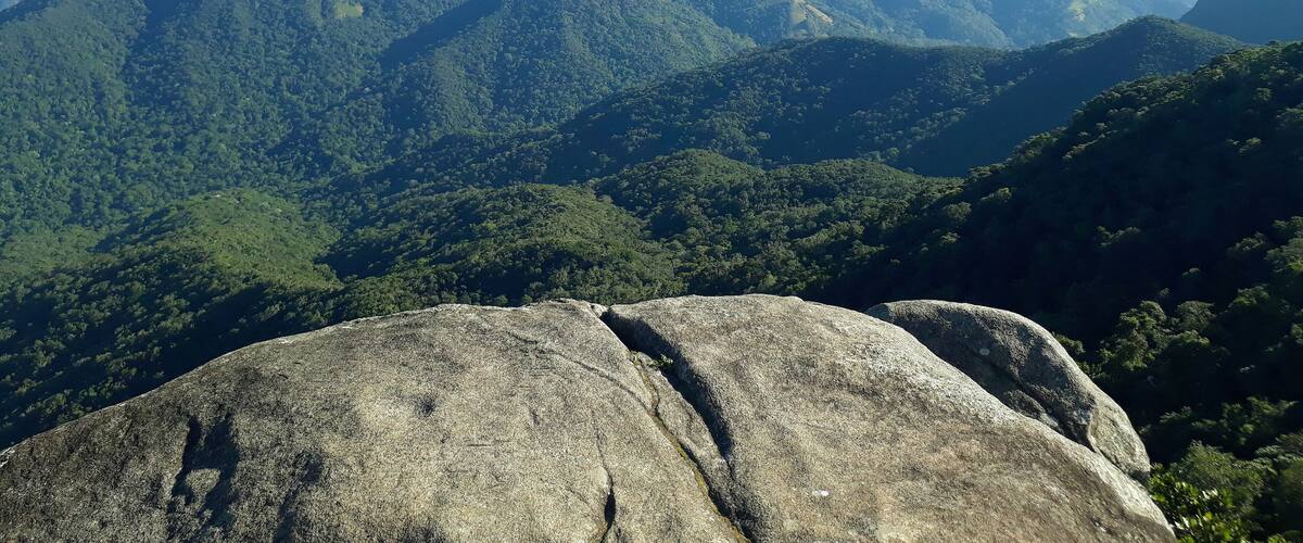 A mountainous landscape with dense green forests and a prominent rock formation in the foreground.