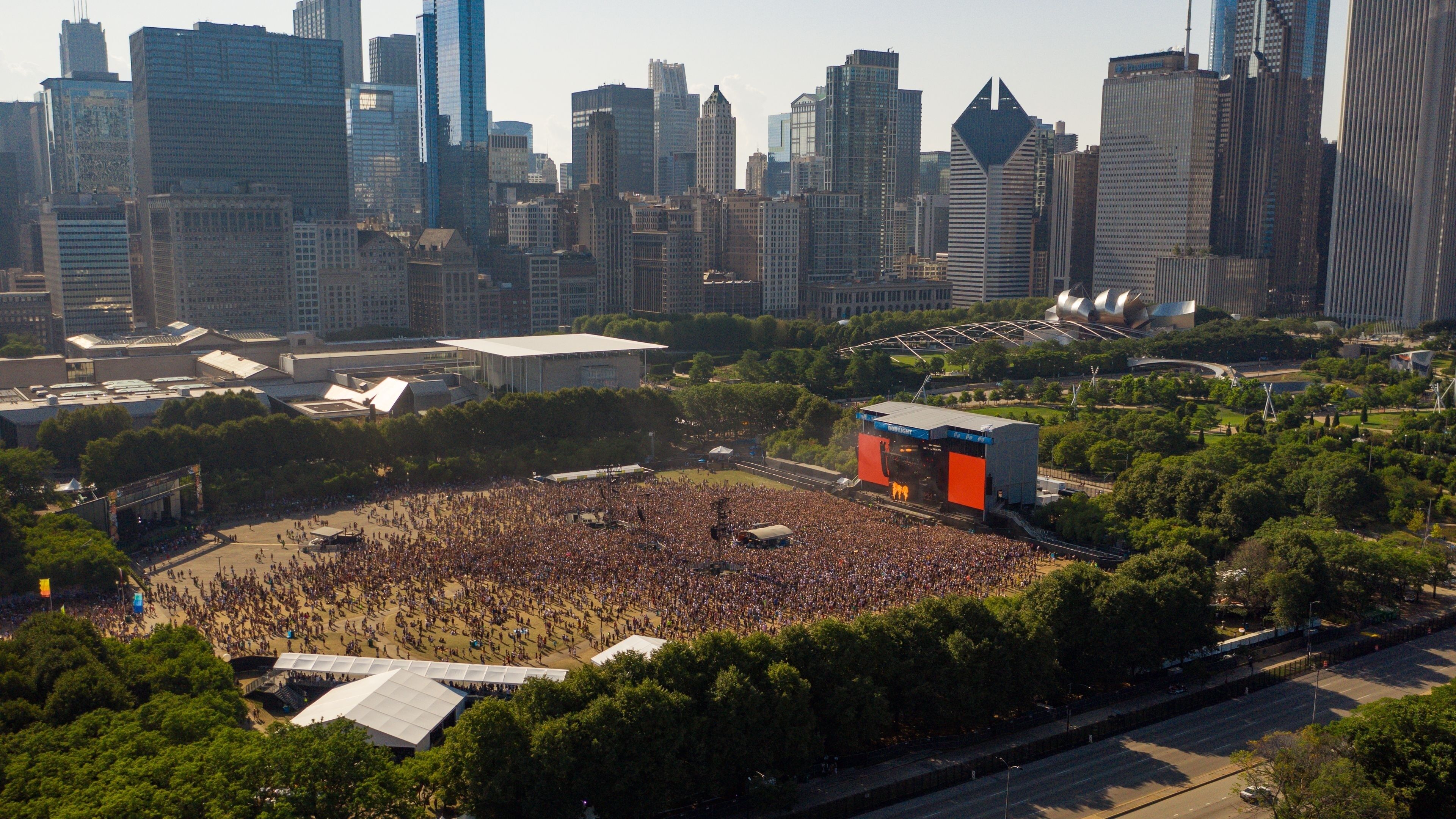 Aerial View of Famous Lollapalooza Music Festival in Downtown Chicago