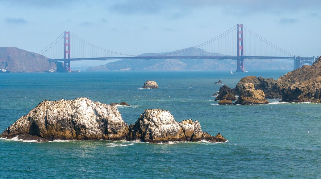 Where the sea meets the land in San Francisco. Ocean Beach is a world renowned surfing beach in the Sunset district of San Francisco. Cliff house building on the cliffs.