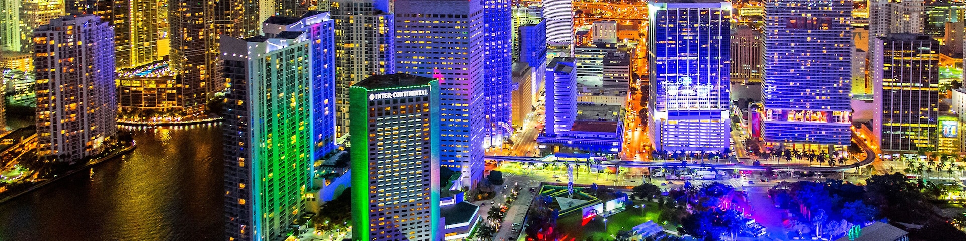 Miami Downtown and Bayside celebrating Ultra Music festival,Neon lights.Aerial View,Miami,South Florida,Dade,Florida,USA