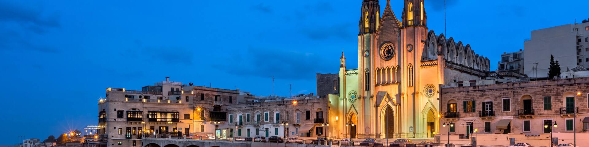 Balluta Bay and Church of Our Lady of Mount Carmel in the Evening, Saint Julien, Malta