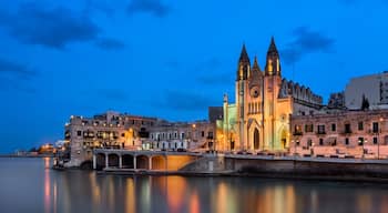 Balluta Bay and Church of Our Lady of Mount Carmel in the Evening, Saint Julien, Malta