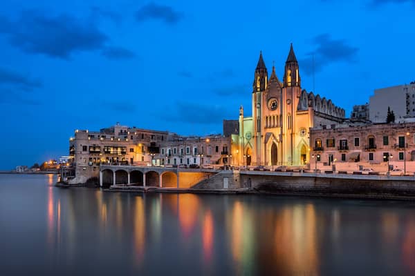 Balluta Bay and Church of Our Lady of Mount Carmel in the Evening, Saint Julien, Malta