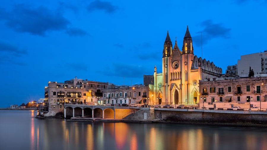 Balluta Bay and Church of Our Lady of Mount Carmel in the Evening, Saint Julien, Malta