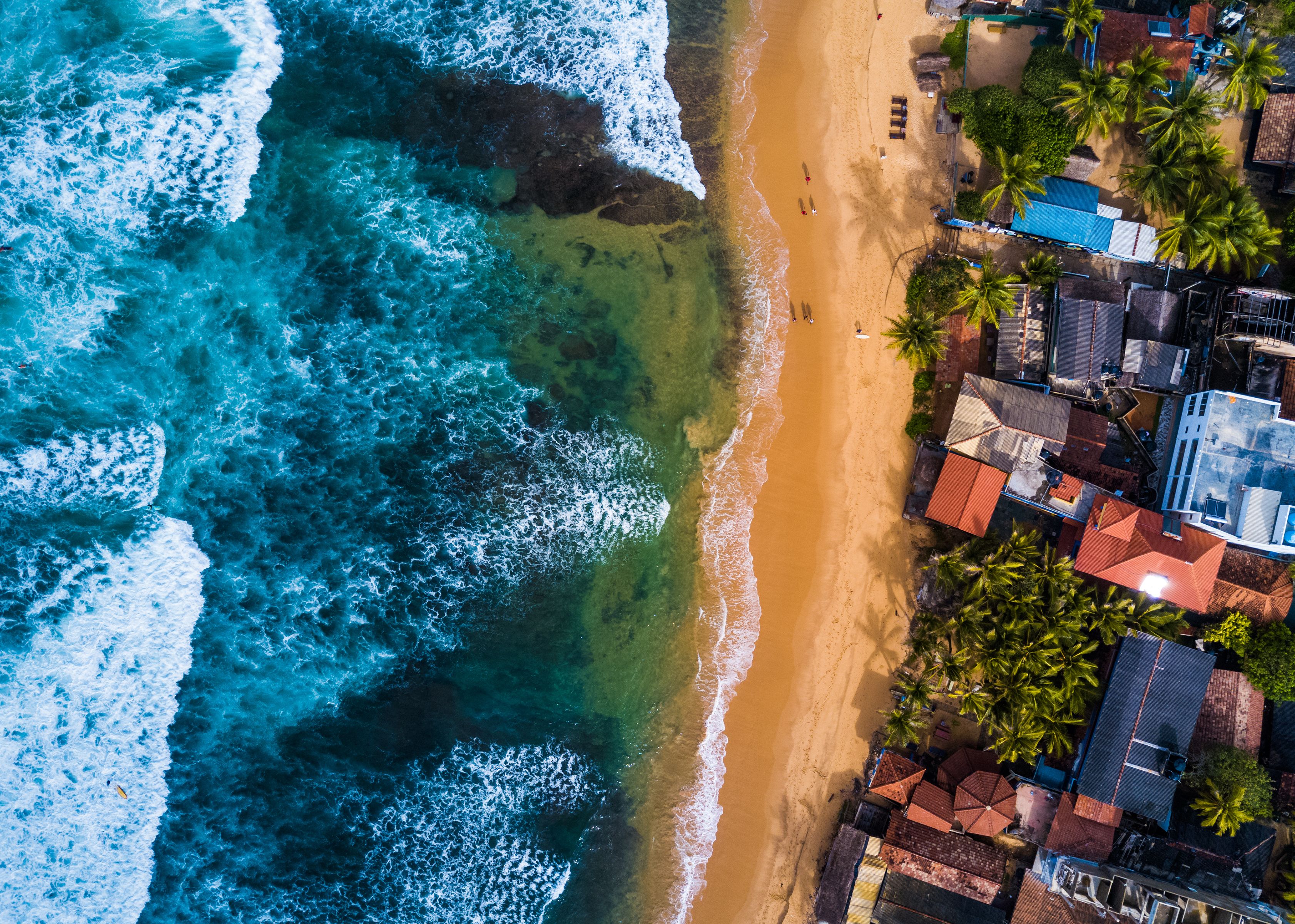 Aerial view of the Narigama beach, town of Hikkaduwa, Sri Lanka