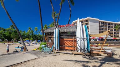 Un restaurante frente al mar llamado 'Kona Boys', con tablas de surf y bicicletas.
