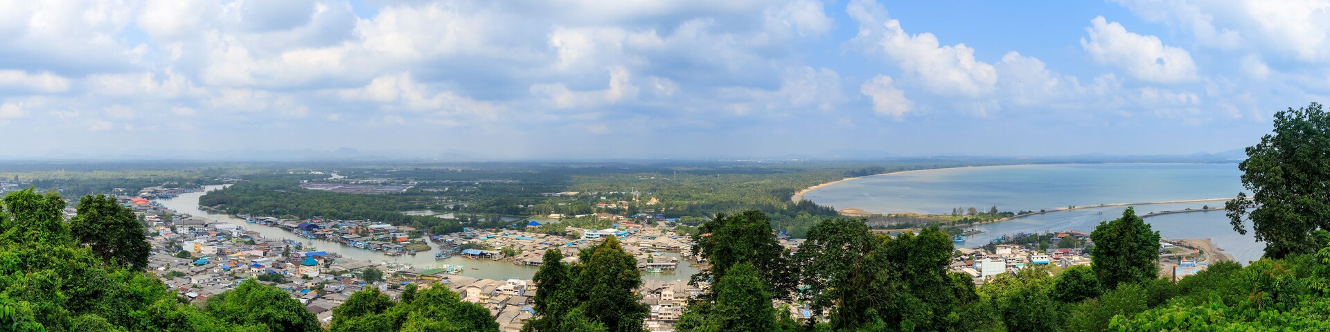 Pak Nam Chumphon town, urban, river, and bay from Khao Matsee Viewpoint