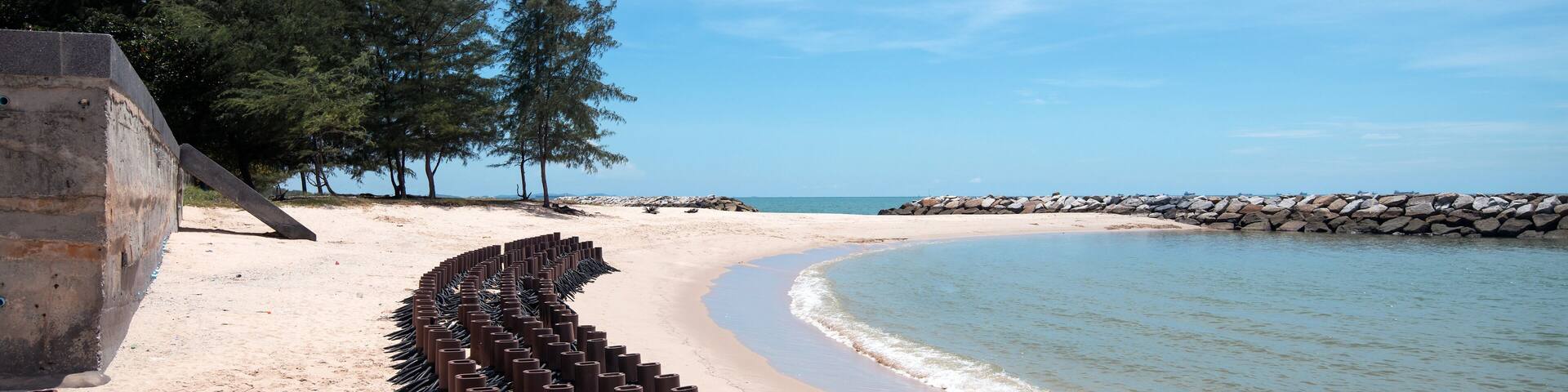 Reinforced artificial tree roots on beach (wave breaker blocks) along Hat Saeng Chan beach in Rayong, THAILAND