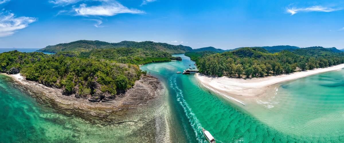 Aerial view of Ao Pante Malacca port in Koh Tarutao national park in Satun, Thailand