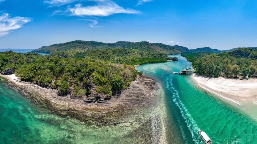 Aerial view of Ao Pante Malacca port in Koh Tarutao national park in Satun, Thailand