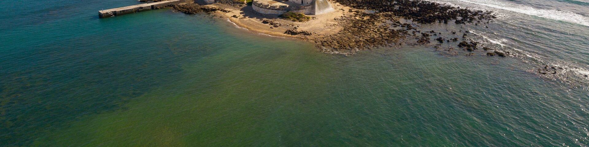 aerial View of the Castillo Sancti Petri on the Costa de la Luz in Andalusia