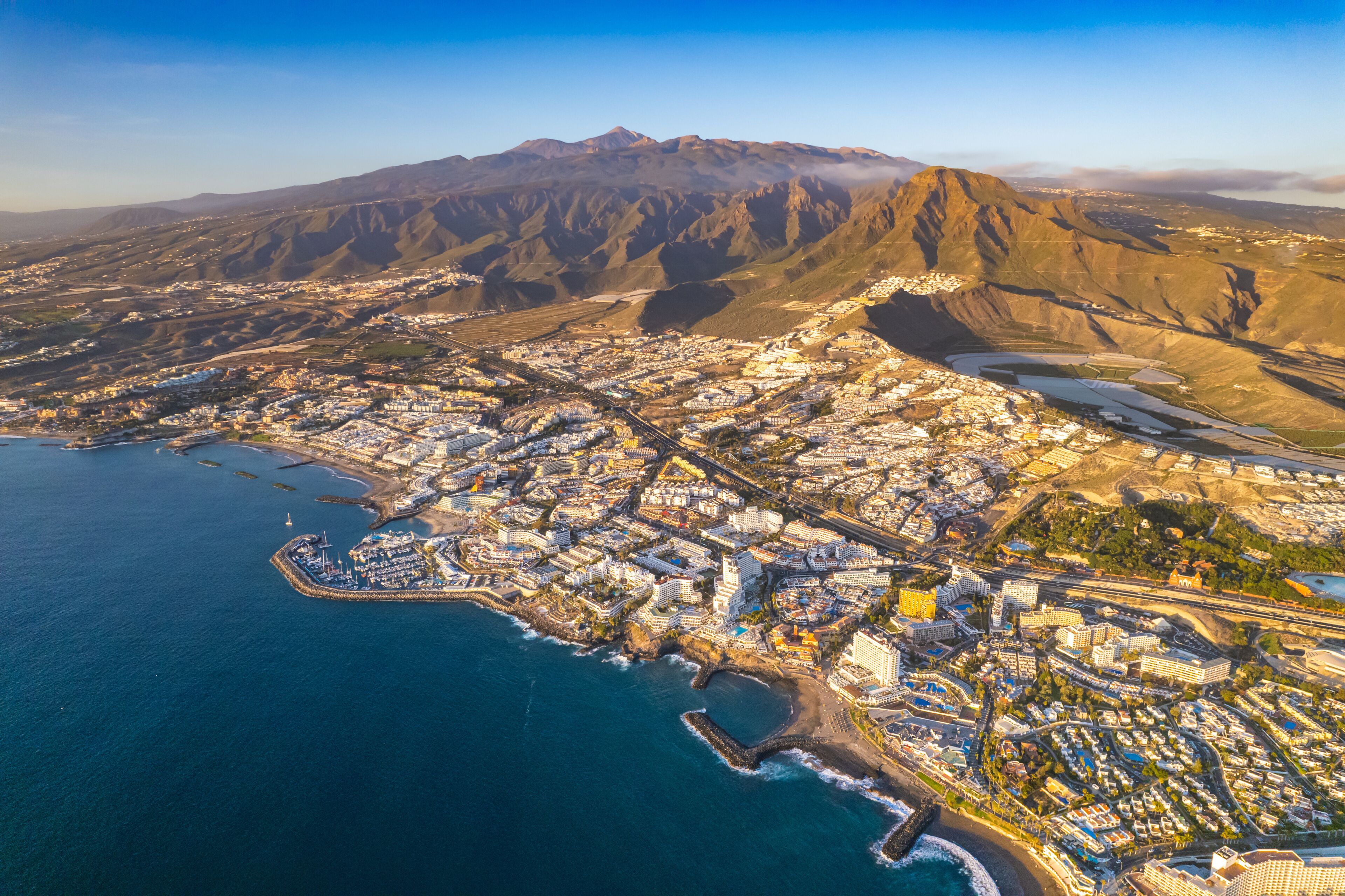 Aerial view at sunset above Playa de las Américas